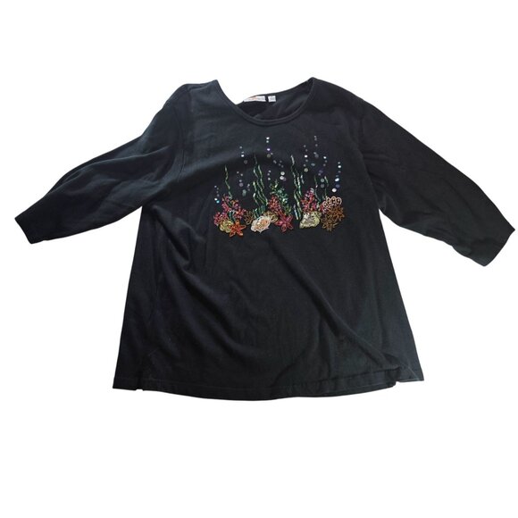 Quacker Factory shirt 2X Black Cotton Tunic Floral Beaded ocean shells starfish - Picture 1 of 6
